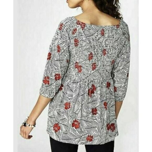 J Jill Womens Medium Floral Smocked Tunic Top 3/4 Sleeve Knit Stretch Boho - Picture 4 of 9